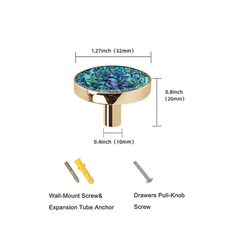 Dimensions of Six Pack Iridescent Abalone Mosaic Cabinet Knobs With Black Base Dope Stone Look Drawer Pulls, screws included.