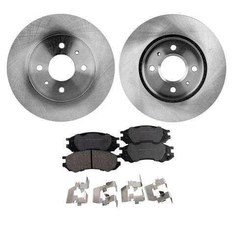 Front brake disc rotors and pads kit for Saturn SL/SC2/SW2/SL2/SL1/SC1 (1993–1996): two rotors, four pads, hardware.
