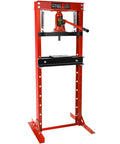 Heavy Duty Hydraulic Bench Shop Press Packing Real Crushing Power For Auto Body Work and Daily Shop Projects With Smooth Pump Handle and Tough Red Steel Construction For Any Garage, front view.