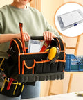 Person holding a tool bag with Heavy Duty Stainless Steel E Circlip Snap Ring Set All In One 400 Pcs in a storage box.
