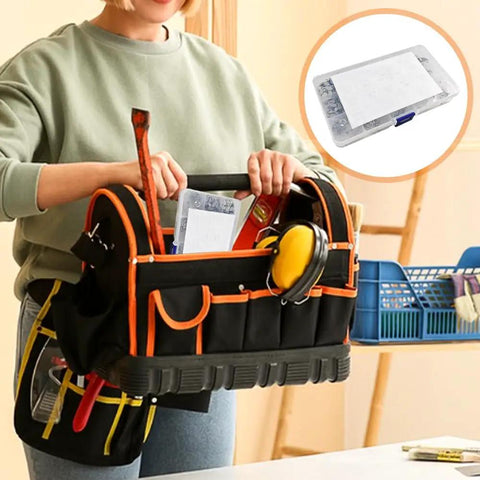 Person holding a tool bag with Heavy Duty Stainless Steel E Circlip Snap Ring Set All In One 400 Pcs in a storage box.