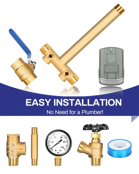 Well Water Pressure Tank Tee Kit With 40-60 Psi Switch, 100 Psi Gauge, brass components, relief and drain valves, ball valve
