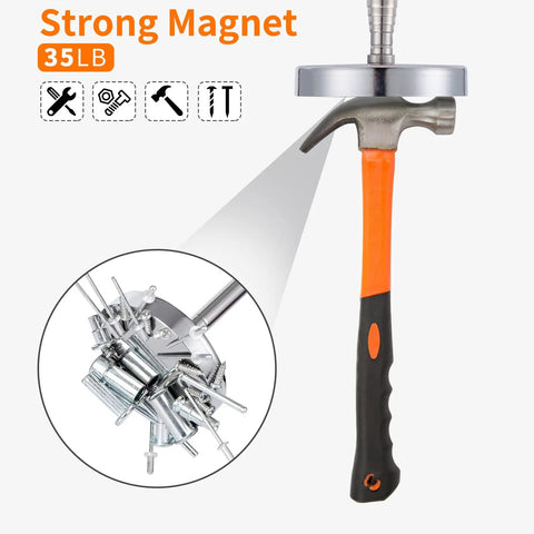 35 Lb Magnetic Pickup Tool Telescoping Wand With Upgraded Pole for nails, screws, and metal, shown lifting screws and nails.