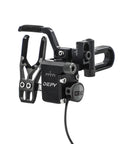 Close-up of Drop Away Rest With Right Hand Cable Drive Defy Micro showing precision bearings and machined aluminum launcher arm