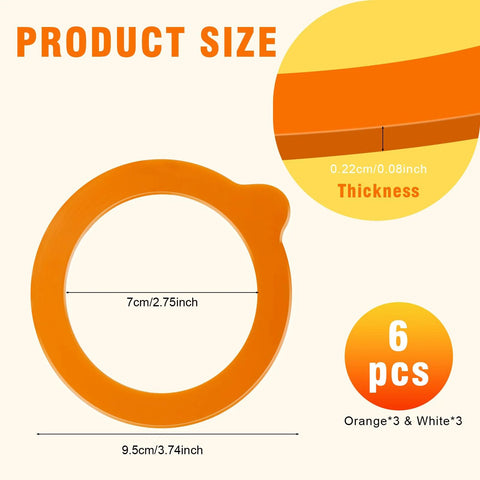 Silicone jar gasket ring, 3.75 in diameter, 6 pcs orange and white, food-grade airtight canning jar seals.