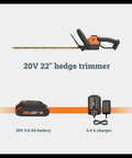 22 Inch Cordless Hedge Trimmer with Dual Action Blades, Lightweight 5.5 Lbs, showing battery and charger included