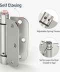Self Closing Door Hinges 3.5 Inch Brushed Nickel Beefy Spring Loaded Hinges Heavy Duty Adjustable Tension For Interior Doors UL Listed Five Eighths Inch Radius Corners 2 Pack front view showing adjustable spring tension features