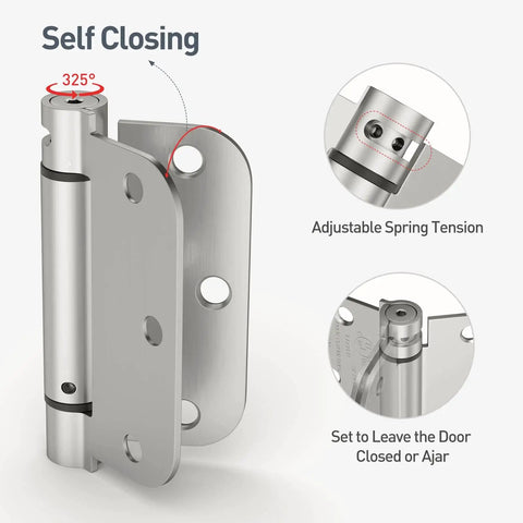 Self Closing Door Hinges 3.5 Inch Brushed Nickel Beefy Spring Loaded Hinges Heavy Duty Adjustable Tension For Interior Doors UL Listed Five Eighths Inch Radius Corners 2 Pack front view showing adjustable spring tension features