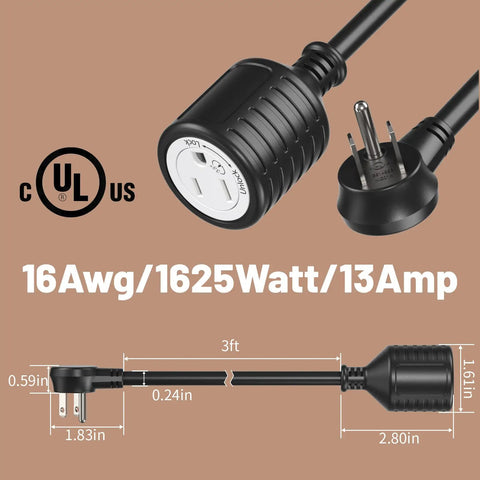 Three Foot Indoor Outdoor Extension Cord With Flat Plug And Locking 3 Prong Grounded Design, Heavy Duty Workhorse 16 AWG 125V 13A 1625W