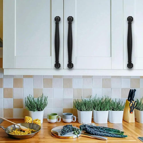Installed 10 Pack 4 Inch Hole Center Matte Black Heavy Duty Solid Cabinet Pulls For Dressers Bathrooms Kitchens And Cabinets Durable Zinc Alloy Hardware With Premium Matte Finish on white kitchen cabinets.