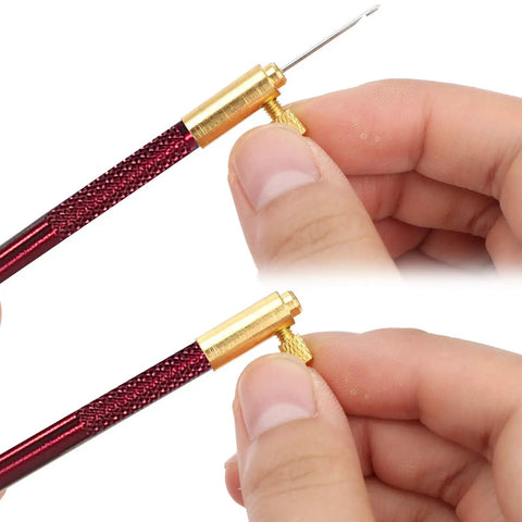 Close-up of Tambour Hook Kit With 3 Interchangeable Needle Heads 0.7mm 1.0mm And 1.2mm, red metal handle with gold accents