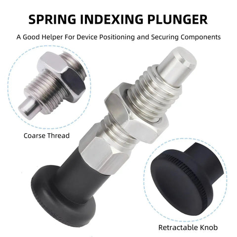 Two Pack Push Fit Ball Nose Spring Plunger M10x1.5 stainless steel locator pin with retractable knob and coarse thread.