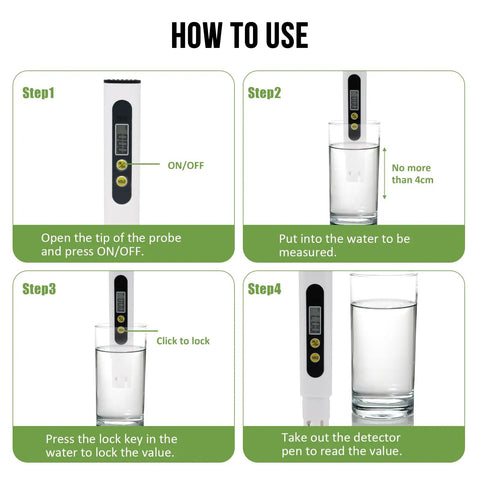 Steps to use Digital Water Tester For Drinking Water Three In One Meter 0 To 9990 PPM Water Quality Tester With Titanium Probe Sensor