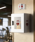 Front view of white steel Tripolss AED wall-mount cabinet with glass window and embedded handle