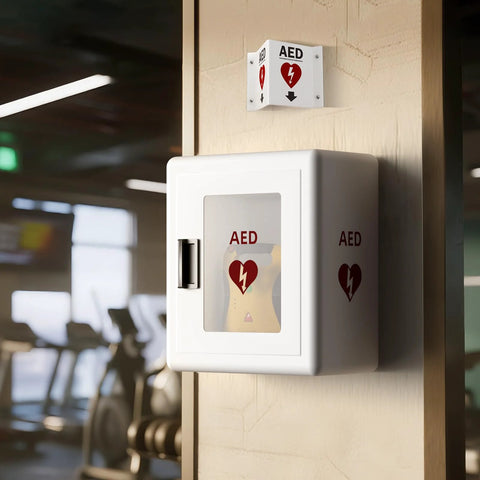 Front view of white steel Tripolss AED wall-mount cabinet with glass window and embedded handle