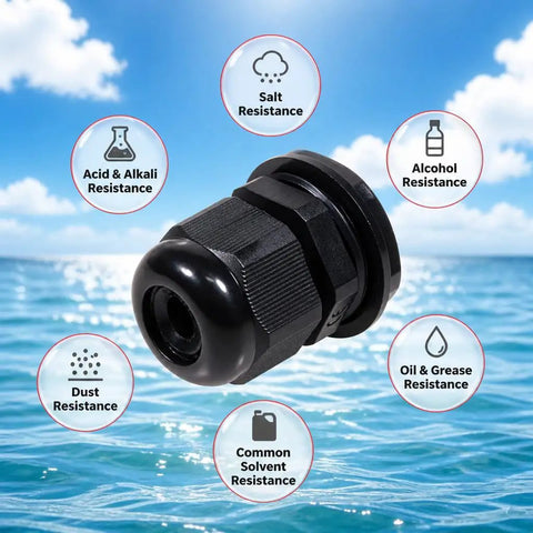 Heavy Duty Nylon Cable Glands With Tough As Nails Ip68 Sealing and Grip Tight Adjustable Strain Relief Cord Locks for waterproof wire management, showing various resistance features.