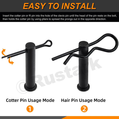 Instructional guide for using cotter pin and hair pin in 67Pcs Black Cotter Pins Hair Pin Clips Clevis Pins R Clips And Spring Pin Fasteners Kit.