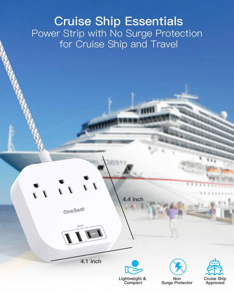 Power Strip With USB C And USB Ports For Travel 3 Outlets And 4 USB Ports 22.5W Fast Charging Flat Plug 5ft Braided Cord