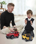 Father and son playing with Off Road RC Jeep Wrangler JL 1 To 14 Scale Toy Car With Realistic Doors, Red Durable Vehicle