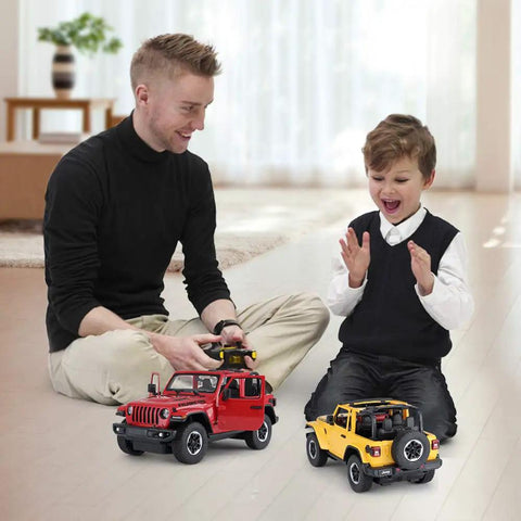 Father and son playing with Off Road RC Jeep Wrangler JL 1 To 14 Scale Toy Car With Realistic Doors, Red Durable Vehicle