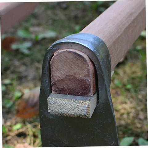Close-up of wooden handle with metal clasp from 4 Piece Garden Hoe Head Fixer Replacement Parts Kit With Iron Pin And Wooden Handle For Pro Grade Yard Work Easy Install Durable Hoe Heads Compatible With Most Garden Hoes.