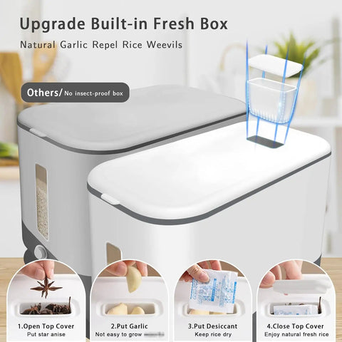 22 To 25 Lb Rice Dispenser Large Cereal And Dry Food Storage Containers With Measuring Cup BPA Free Kitchen Pantry Organization And Airtight Seal For Freshness No Mess Easy Pour Spill Proof Stackable Gray with built-in fresh box for grain protection
