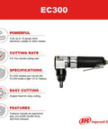 Image of EC300 Air Nibbler with angled head and ergonomic grip, 4200 SPM, front exhaust for cutting 18 gauge metal, shown with features.