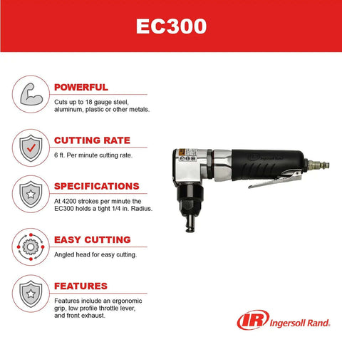 Image of EC300 Air Nibbler with angled head and ergonomic grip, 4200 SPM, front exhaust for cutting 18 gauge metal, shown with features.