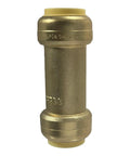 Front view of brass 3/4 in x 3/4 in push-fit check valve with yellow end caps.