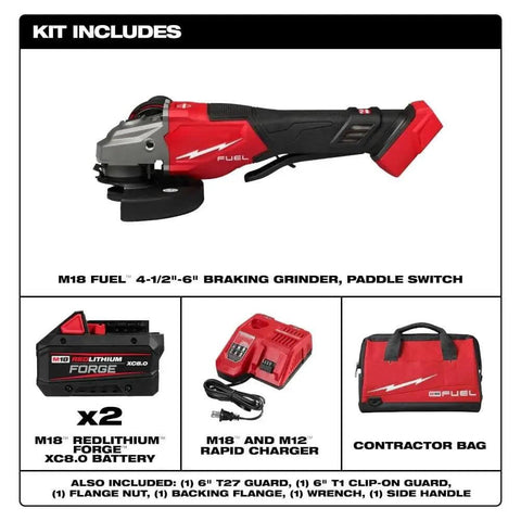 Heavy Duty Angle Grinder Paddle Switch Kit For M18 Fuel 4 Inch To 6 Inch Discs showing grinder, battery, charger, and bag.