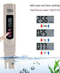 3 In 1 TDS EC Temperature Water Tester With Backlit LCD And Auto Lock 0 To 9999 PPM Range Pro Grade Water Quality Meter display.