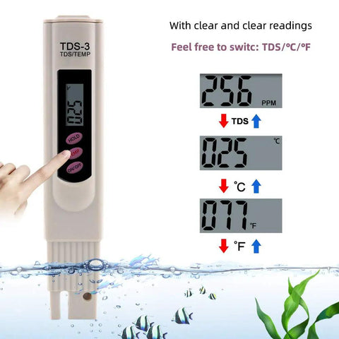 3 In 1 TDS EC Temperature Water Tester With Backlit LCD And Auto Lock 0 To 9999 PPM Range Pro Grade Water Quality Meter display.