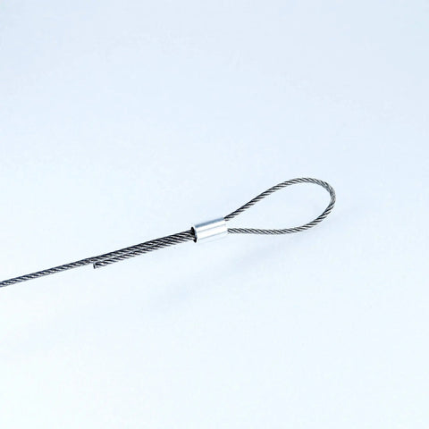 304 Stainless Steel Wire Rope 1/16 Inch X 328 Foot Spool With 7X7 design showing pre crimped sleeve and loop detail.
