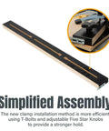 Table Saw Taper And Straight Line Jig For Precise Tapering And Straight Line Cutting Pro Grade In A Three Quarters Inch Wide By Three Eighths Inch Deep Miter Slot Includes 36 Inch Miter Bar Adjustable Fence Hold Down Clamps And Measuring Tools, showing miter bar and clamp mechanism.
