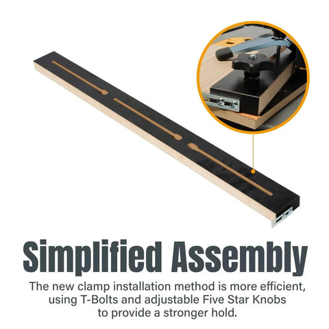 Table Saw Taper And Straight Line Jig For Precise Tapering And Straight Line Cutting Pro Grade In A Three Quarters Inch Wide By Three Eighths Inch Deep Miter Slot Includes 36 Inch Miter Bar Adjustable Fence Hold Down Clamps And Measuring Tools, showing miter bar and clamp mechanism.
