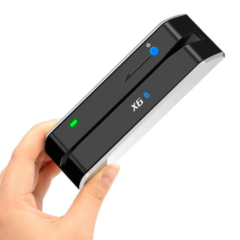 Bluetooth Card Reader and Writer Pro With USB 3 Multi Track Swipe Encoder for Windows Android Mac OS iPhone iPad Read Write Erase Three Track Magnetic Cards ISO 7811 Compatible shown in hand.
