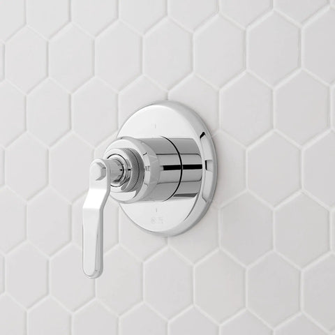 Signature Hardware Gunther 1.8 GPM Pressure Balanced Shower System chrome control valve on white hexagon tile wall.