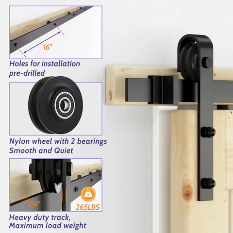 Close-up of 6 Ft Sliding Barn Door Hardware Kit With Black Track, 1 Quarter Inch Carbon Steel Rails, 265 Lb Load Capacity, J Shape Wheel System, easy installation details.