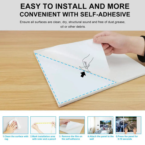 Installation process of Heavy Duty Acoustic Wall Panels 72 By 48 Inch Sound Absorbing Room Divider Art Panel with self-adhesive.