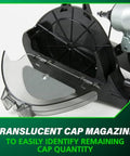 Translucent cap magazine of Cap Stapler For Roofing Felt Foam Insulation And House Wrap On The Job Ready Lightweight Pneumatic Nailer 18 Gauge Up To Seven Sixteenths Crown Staples Length Seven Eighths To One And A Half Inches Pro Preferred Level