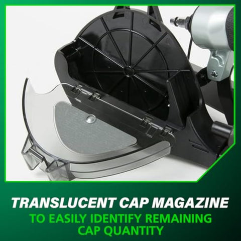 Translucent cap magazine of Cap Stapler For Roofing Felt Foam Insulation And House Wrap On The Job Ready Lightweight Pneumatic Nailer 18 Gauge Up To Seven Sixteenths Crown Staples Length Seven Eighths To One And A Half Inches Pro Preferred Level