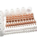 Ultimate 85 Pc Plasma Cutter Consumables Kit For Pt31 Lg40 Torch components including copper tips and ceramic nozzles.