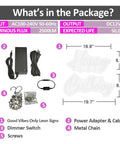 Package contents for Happy Birthday Neon Sign LED Light, Large Silicone Neon, power adapter, dimmer, screws, metal chain.