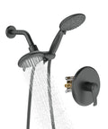 Shower System With 6 Mode Bathtub Handheld Showerhead And Rain Shower Combo, 2 In 1 Matte Black Finish, shown in bathroom setup