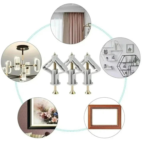 Self Drilling Drywall Anchors Kit For Plasterboard Hollow Walls With Screws shown with curtains, lighting, shelves, and frames