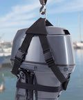 Outboard Motor Hoist Harness Set For 2-30 HP Engines Beefy Lift Straps With Durable Polyester Webbing on a motor