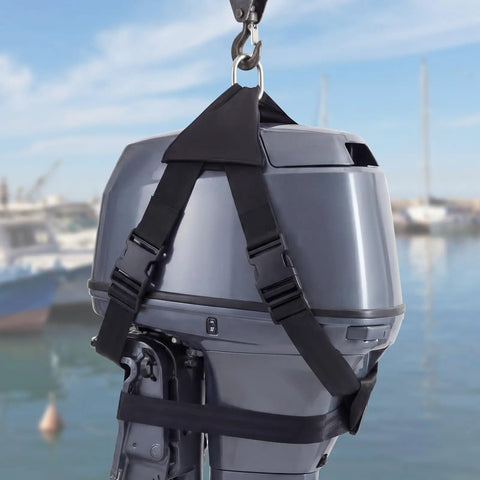 Outboard Motor Hoist Harness Set For 2-30 HP Engines Beefy Lift Straps With Durable Polyester Webbing on a motor