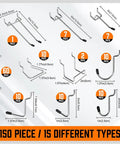 150 Piece Pegboard Hooks Set With Bins, 15 Types Heavy Duty Metal Hooks For One Eighth And One Quarter Inch Pegboards