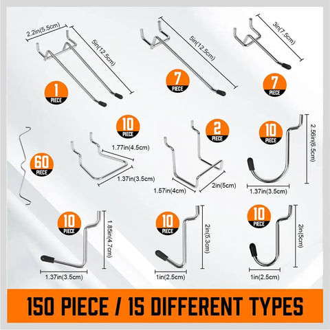 150 Piece Pegboard Hooks Set With Bins, 15 Types Heavy Duty Metal Hooks For One Eighth And One Quarter Inch Pegboards