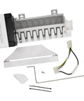 Model Specific Refrigerator Ice Maker Assembly Replacement 120V 8 Cube With Harness And Bail Arm Extension Fits 550 611 650 680 Models Plug And Play No Drilling Required Easy Install For Quick Replacement showing components including ice mold, wiring harness, and bail arm.